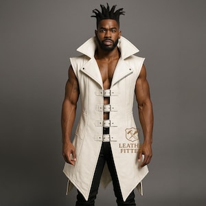 Genuine White Leather Long Vest for Men | Sleeveless Gothic Trench Coat | Steampunk Festival Outfit | Custom Tailored Duster Jacket