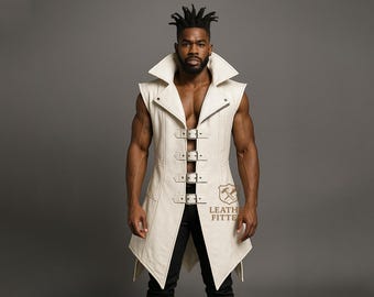 Genuine White Leather Long Vest for Men | Sleeveless Gothic Trench Coat | Steampunk Festival Outfit | Custom Tailored Duster Jacket
