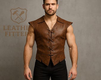 Chaleco de cuero genuino para hombre estilo motero / Chaleco steampunk marrón / Cierre de cordones / Hecho a mano para cosplay y festivales