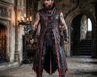 Hand-Stitched Men's Leather Long Vest Tunic High Collar Multi Buckle Warrior Duster Red Trim Genuine Cowhide Medieval Gothic LARP Costume