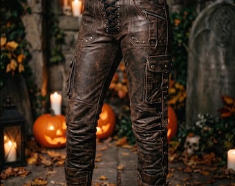 Women's Handcrafted Distressed Brown Leather Gothic Cargo Pants | Steampunk Lace-Up & Buckle Trousers | Dark Alternative Apparel
