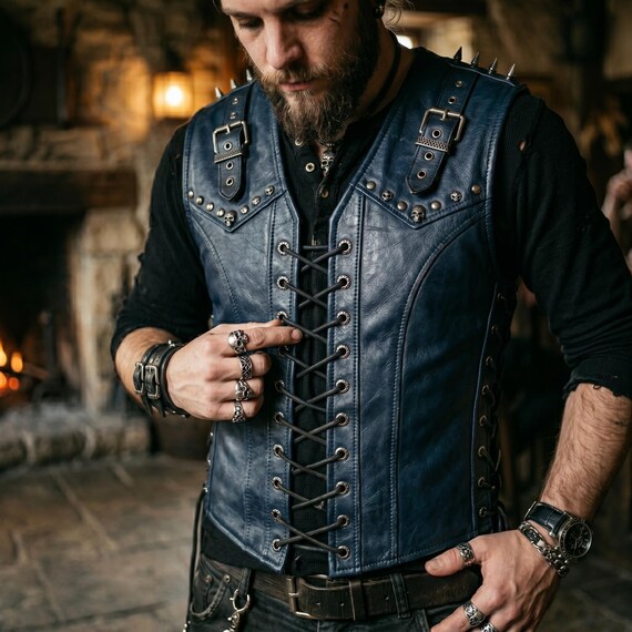 Handmade Men Blue Leather Vest Lace Up Front Spiked Shoulder Buckle Biker Leather Waistcoat Genuine Cowhide Goth Punk Leather Vest Men
