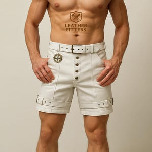 Custom Made White Leather Steampunk Shorts for Men | Gothic Festival Cosplay Bottoms by Leather Fitters