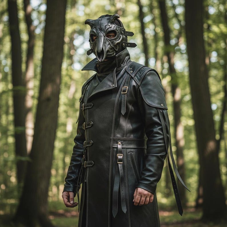 Handmade Mens Leather Trench Coat Gothic Steampunk Long Jacket Ren Fair Black Leather Jacket Tailored Fit LARP Cosplay Coat Men Long Coat image 5
