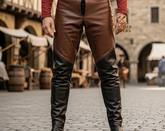 Handmade Brown & Black Leather Pants | Custom Medieval Riding Trousers | Personalized Cosplay Renaissance Festival Wear