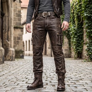 May include: Dark brown leather cargo trousers featuring multiple utility pockets with snap closures, a front zip, and side lacing details. The trousers are paired with a matching leather belt with a silver buckle and brown leather lace-up boots.