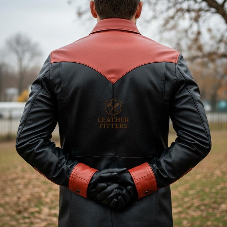 Peut inclure: Veste en cuir noire avec empi&egrave;cement et poignets rouges. La veste a un design classique avec un col crant&eacute; et des poignets boutonn&eacute;s. Le dos de la veste porte le texte "LEATHER FITTERS" et un logo. La personne porte des gants noirs.
