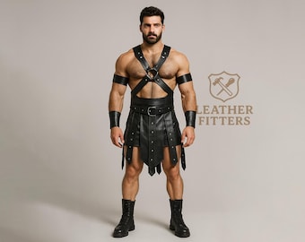 Gladiator Leather Harness Skirt Set for Men | Custom Handmade Cosplay LARP Outfit | Festival Warrior Leather Costume