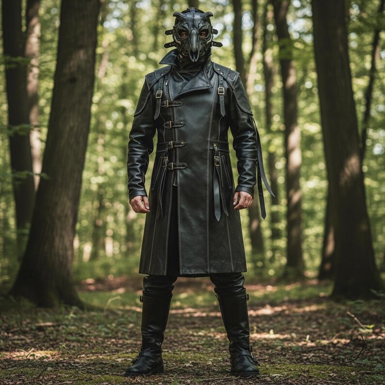 Handmade Mens Leather Trench Coat Gothic Steampunk Long Jacket Ren Fair Black Leather Jacket Tailored Fit LARP Cosplay Coat Men Long Coat image 3