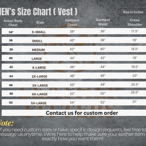 May include: A size chart for vests, with measurements in inches. The chart includes sizes from X-Small to 5X-Large, detailing actual body chest, garment chest, waist, and cross shoulder measurements. Text at the bottom encourages custom orders.