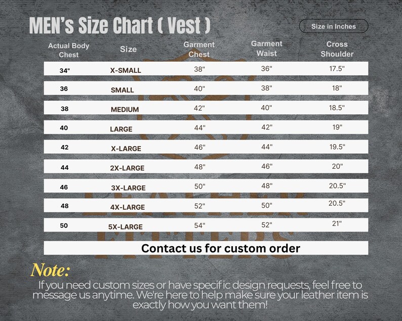 May include: A size chart for vests, with measurements in inches. The chart includes sizes from X-Small to 5X-Large, detailing actual body chest, garment chest, waist, and cross shoulder measurements. Text at the bottom encourages custom orders.