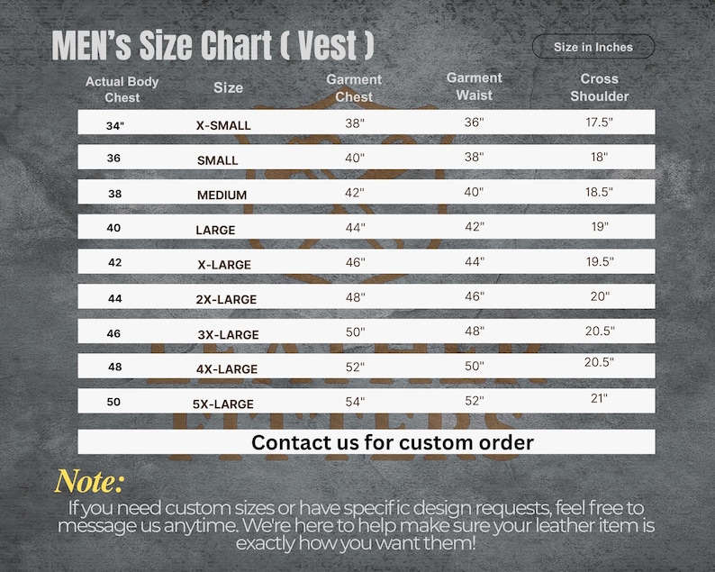 May include: A size chart for vests, with measurements in inches. The chart includes sizes from X-Small to 5X-Large, detailing actual body chest, garment chest, waist, and cross shoulder measurements. Text at the bottom encourages custom orders.