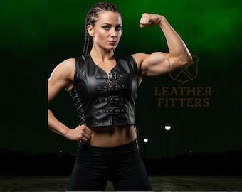 Genuine Leather Lace-Up Corset Vest for Women – Black Steampunk Waistcoat, Festival Biker Vest, Gothic Renaissance LARP Costume Top
