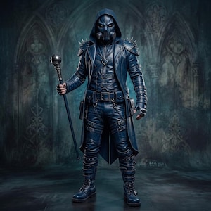 May include: A dark blue leather-like outfit featuring a hooded jacket with spiked shoulders, matching trousers with multiple straps and buckles, a gas mask, and a tall staff topped with a large metallic sphere held in one hand.
