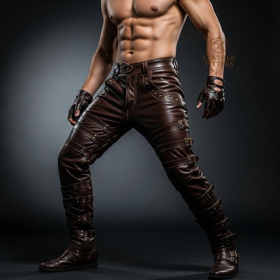 Handmade Men’s Brown Leather Pants | Custom Steampunk Buckle Trousers | Tailored Genuine Leather Festival Wear
