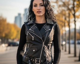 Studded Black Cowhide Leather Vest | Medieval Doublet Armor Style | Women's Biker Punk Vest