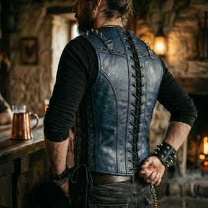 May include: A blue leather vest with a lace-up back and studded accents. The vest is worn over a black long-sleeved shirt. The image shows a person in a bar setting, with a copper mug visible.