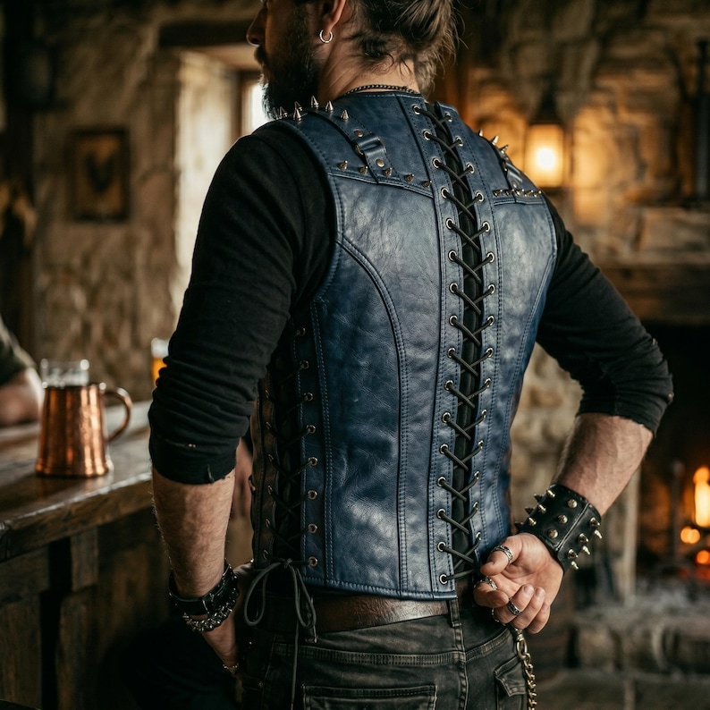 May include: A blue leather vest with a lace-up back and studded accents. The vest is worn over a black long-sleeved shirt. The image shows a person in a bar setting, with a copper mug visible.