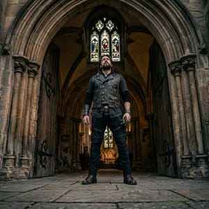 May include: A person wearing a black shirt, leather vest, and black pants stands in a stone archway. The vest has a skull buckle and decorative stitching. The background features a stained-glass window and large wooden doors.