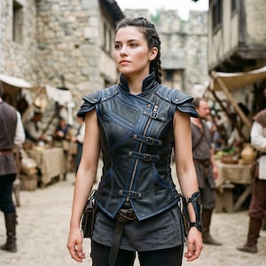 May include: A black and blue leather vest with shoulder pads, a zipper, and buckle details. The vest is worn over a gray top. A leather belt and pouch are also visible. The background shows a medieval town setting.