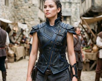 Handmade Women's Leather Warrior Armor Vest Corset Buckle Front Medieval Fantasy Tunic High Collar Cosplay Gothic Genuine Leather