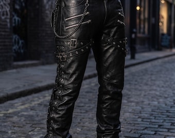 Handmade Men's Leather Pants Full Length Gothic Multi Buckle Straps Genuine Black Biker Trousers Side Lace Up Motorcycle Cargo Pants Custom