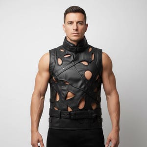 Leren harnaspak heren Gothic Cutout | Op maat gemaakte handgemaakte punkrockfestivalkleding