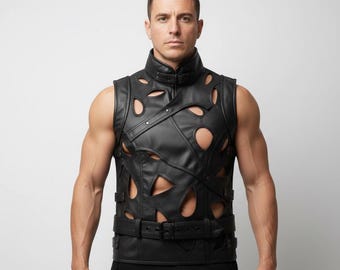 Men’s Gothic Cutout Leather Armor Suit | Custom Handmade Punk Rock Festival Wear