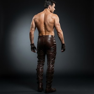 May include: Brown leather pants with multiple straps and buckles. The pants have a fitted design and are worn with fingerless gloves. The image is taken from the back, showcasing the details of the pants.