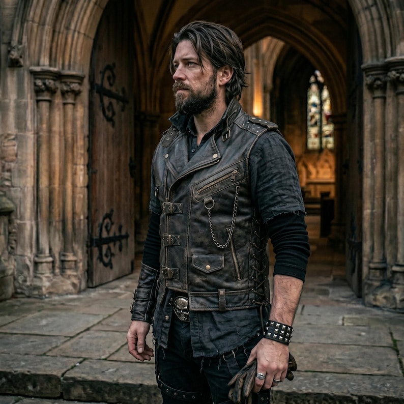 May include: A brown leather vest with a distressed finish, featuring multiple zippers, pockets, and a chain detail. The vest is worn over a dark shirt and paired with black pants. A skull belt buckle and studded wristband add to the edgy aesthetic.