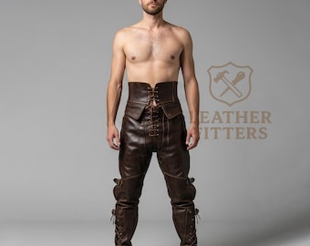 Pantalones medievales de cuero genuino para hombre hechos a mano / Pantalones de cintura alta personalizados / Traje de cosplay renacentista / Estilo steampunk a medida