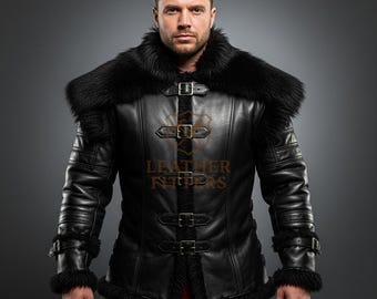 May include: Black leather jacket with fur trim and multiple buckles. The jacket features a fur collar and cuffs, with the text "Leather Fighters" visible on the front. The jacket has a medieval or fantasy theme.