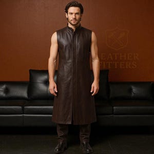 Long Brown Leather Vest – Custom Handmade Sleeveless Coat for Men | Stylish Genuine Leather Streetwear | Gothic Punk Vest