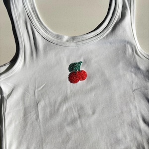 Cherry Beaded Tank Top – Handmade Ribbed White Shirt – Bachelorette Gift – Fruit Embroidery