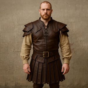 Medieval Leather Gladiator Armor Set for Men – Handmade Warrior Vest & Kilt  | Real Cowhide Custom Renaissance LARP Cosplay Outfit