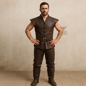 Medieval Leather Warrior Costume for Men | Handmade Brown Renaissance Armor Vest & Pants Set | LARP Fantasy Outfit | Viking Cosplay Clothing