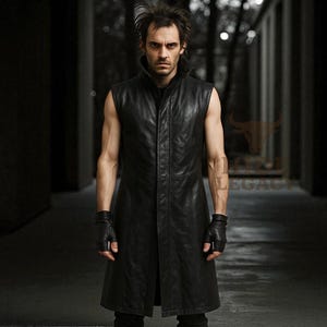 Long Black Sleeveless Leather Coat for Men | Gothic Steampunk Trench Vest | Custom Handmade Distressed Leather Overcoat