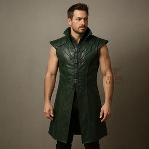 Green Leather Warrior Vest | Fantasy Cosplay Tunic | Handmade Medieval Coat | Custom LARP Renaissance Armor | Men’s Sleeveless Costume