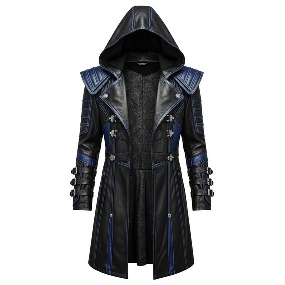Medieval Assassin Hooded Leather Coat, Blue Black Genuine Cowhide Fantasy Cosplay Trench, Gothic Larp Costume, Handmade Custom Long Jacket