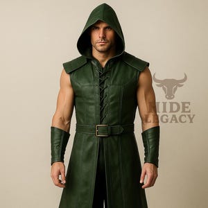 Green Hooded Leather Vest for Men | Renaissance Festival Tunic | Fantasy Cosplay Costume | Medieval Style Streetwear