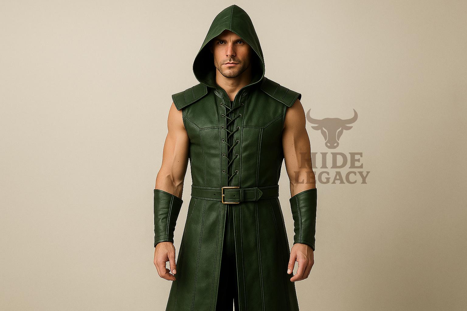 男性用グリーンフード付きレザーベスト | ルネッサンスフェスティバル