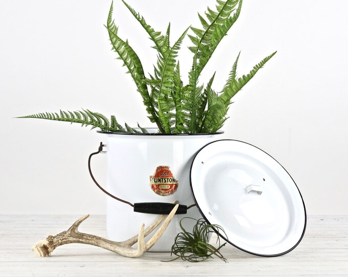 Vintage Flintstone Porcelain Enamel Bucket With Lid, Vintage Porcelain