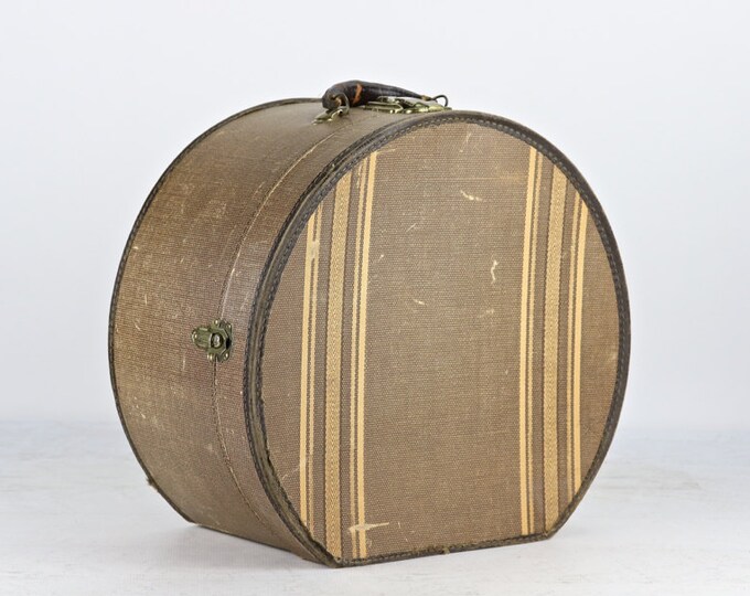 Vintage Striped Round Suitcase, XL Round Train Case, Round Suitcase