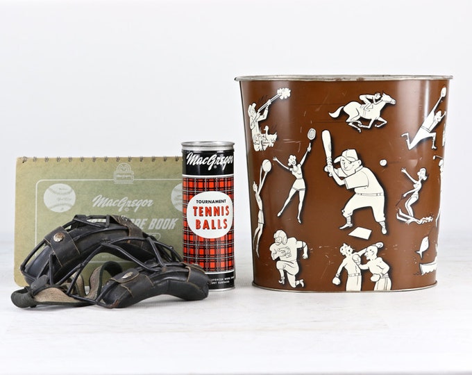 Vintage Sports Themed Trash Can, Sports Trash Can, Vintage Sports Metal