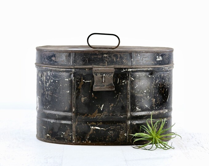 Vintage Metal Hat Box, Vintage Hat Box, French Hat Box, Military Hat