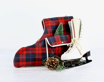 Vintage Ice Skates With Plaid Case, Vintage Christmas Decor, Vintage Holiday Decor, Midcentury Plaid Ice Skate Carrying Case