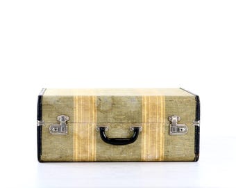 1940s Vintage Tweed Suitcase, Striped Retro Luggage, Antique Travel Case