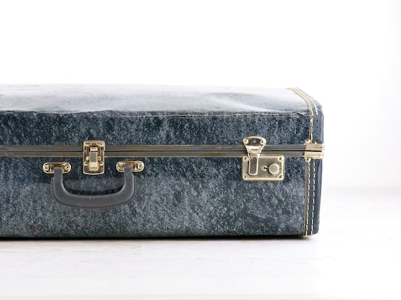Vintage Blue Suitcase: 1950s Metal Luggage, Midcentury Decor