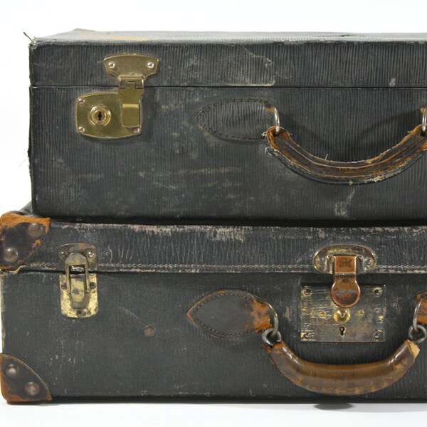Vintage Suitcases Black  / Vintage Suitcase Stack / Old Luggage