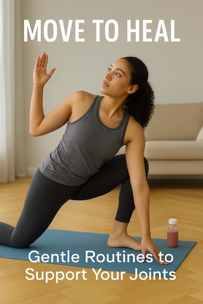 May include: A person in a grey vest and black leggings performs a yoga pose on a blue mat. The image includes the text "MOVE TO HEAL" and "Gentle Routines to Support Your Joints". A bottle of pink liquid is visible.